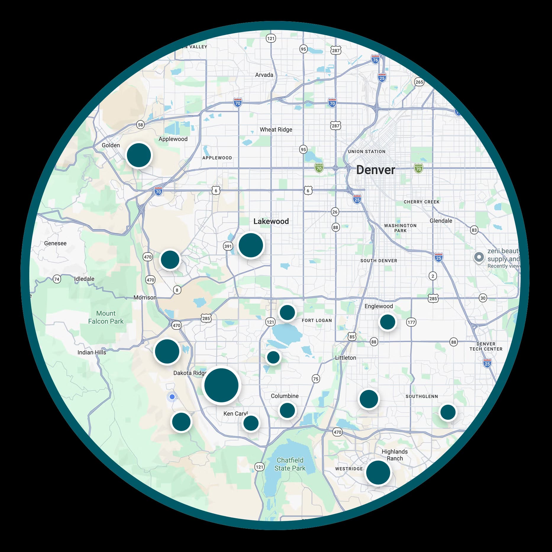 Circular map of the Denver South metro area with served cities marked